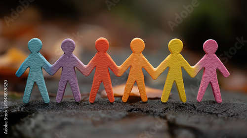 Rainbow colored paper human figures showing unity collaboration and diversity inclusion on nature
