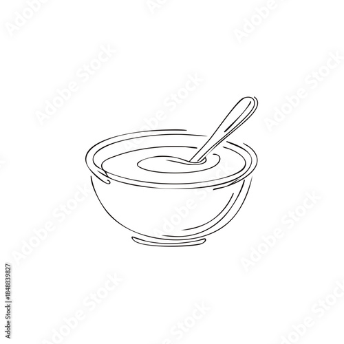 Bowl of food with spoon black and white simple outline illustration