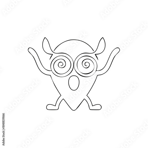 Cartoon Map Marker with Spiraled Eyes and Open Mouth in Outlined Black and White