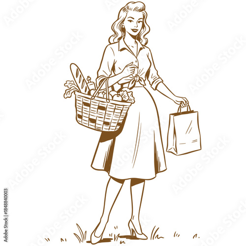 Retro Housewife Shopping.Pinup Girl Groceries Basket.Vintage Line Art Woman.Fifties Style Shopper.Classic Grocery Illustration