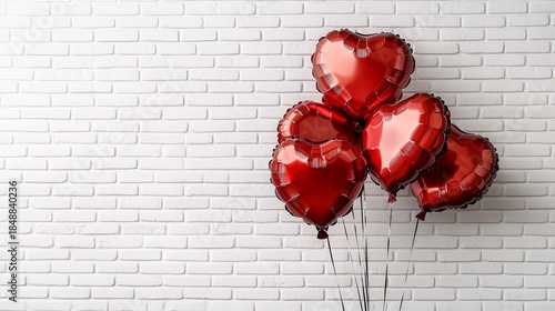 Romantic red heart-shaped metallic balloons floating against a minimalist white brick wall, symbolizing love and celebration