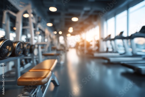 Interior perspective showcases modern fitness center equipment illuminated by bright, diffused sunlight