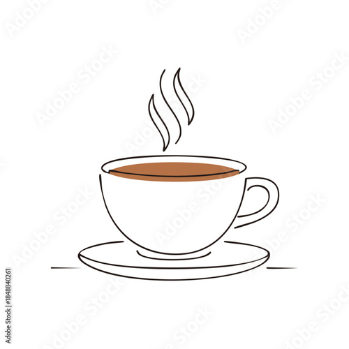 Elegant Line Art of Steaming Coffee Cup on Saucer, Minimalist Beverage Still Life, Hot Drink Icon
