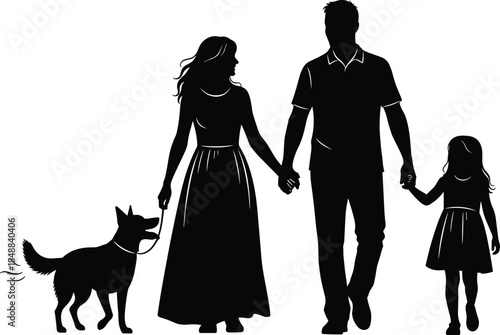 Silhouette of happy family walking with dog outdoors, holding hands, enjoying leisure time, togetherness, parenting, bonding, love, and nature.