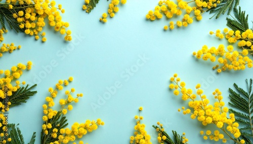 Top view flat lay of yellow mimosa flowers on a soft pastel background. Minimal feminine composition with copy space, symbolizing appreciation and empowerment for International Women’s Day.