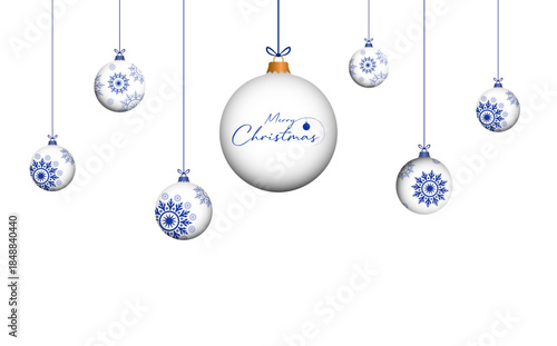 Christmas 3d white blue color vintage hanging balls set vector with transparent background. Merry christmas baubles to use for christmas card, greetings, xmas, winter holiday, new year projects. 