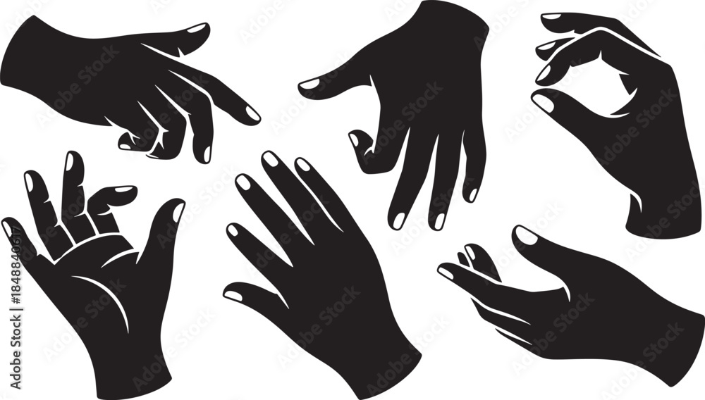 Obraz premium Hand Gestures Silhouette Set – Black Human Hands Showing Different Signs, Finger Signals and Palm Poses, Communication Gesture Vector Illustration
