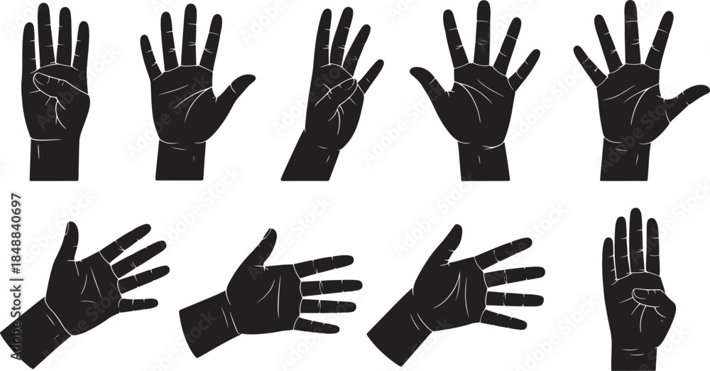 Obraz premium Hand Gestures Silhouette Set – Black Human Hands Showing Different Signs, Finger Signals and Palm Poses, Communication Gesture Vector Illustration