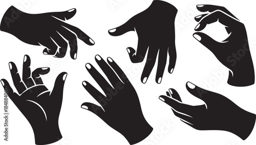 Hand Gestures Silhouette Set – Black Human Hands Showing Different Signs, Finger Signals and Palm Poses, Communication Gesture Vector Illustration