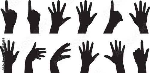 Hand Gestures Silhouette Set – Black Human Hands Showing Different Signs, Finger Signals and Palm Poses, Communication Gesture Vector Illustration