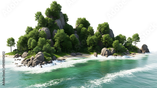 Tropical island with trees and rocks on the shore isolated on a transparent background waves