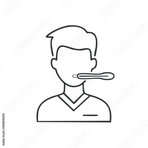 Person with Fever Taking Temperature Using Thermometer Minimalist Outline