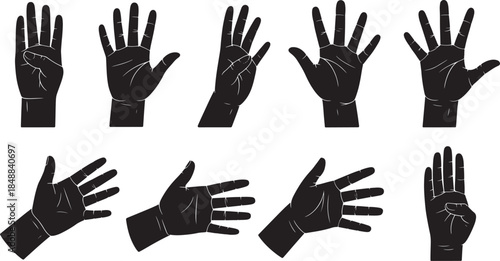 Hand Gestures Silhouette Set – Black Human Hands Showing Different Signs, Finger Signals and Palm Poses, Communication Gesture Vector Illustration
