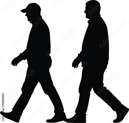 Silhouette of two walking men in jackets and pants, side view, urban pedestrian motion, isolated on white background vector illustration