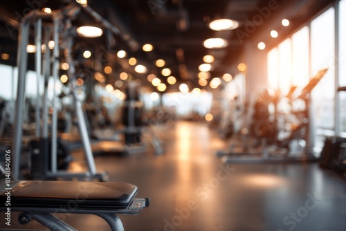 Blurred view inside modern fitness facility during sunrise or sunset highlights exercise equipment silhouettes