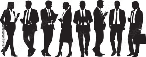 Business People Silhouette Set – Professional Men and Women Standing Poses, Corporate Team Outline, Office Workers Black Vector Illustration