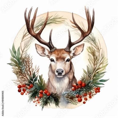 Watercolor Christmas Deer Portrait. Cute Adorable Woodland Animal for New year Card or Christmas Gift Decoration. Lovely Winter Holiday Mascot Face.	