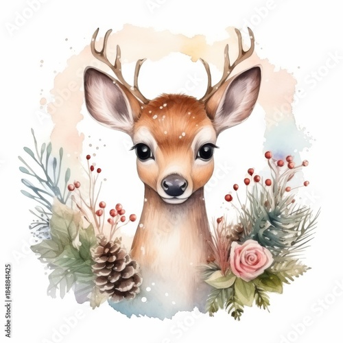 Watercolor Christmas Deer Portrait. Cute Adorable Woodland Animal for New year Card or Christmas Gift Decoration. Lovely Winter Holiday Mascot Face.	