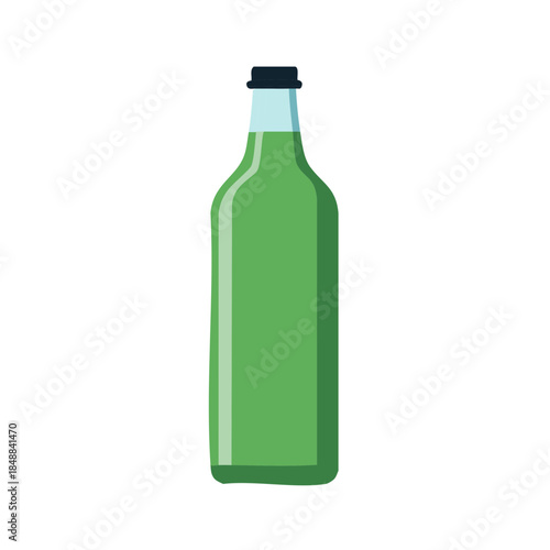 Green liquid filled in a tall bottle capped with a black cap, minimalist product container vector illustration