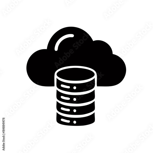 Cloud data storage icon illustrating digital database servers for backup or hosting services with black and white design