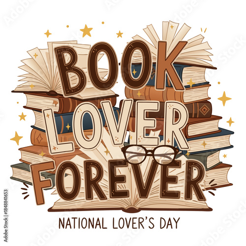 Stylized illustration celebrating the joy of reading with a charming stack of open and closed books, inspiring a lifelong passion for literature and knowledge