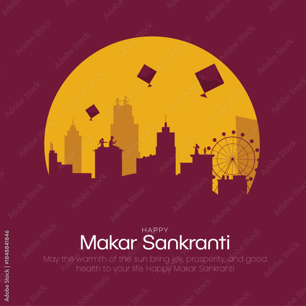 Fototapeta premium Happy Makar Sankranti Festival Illustration with City Skyline and Kites, vector illustration.