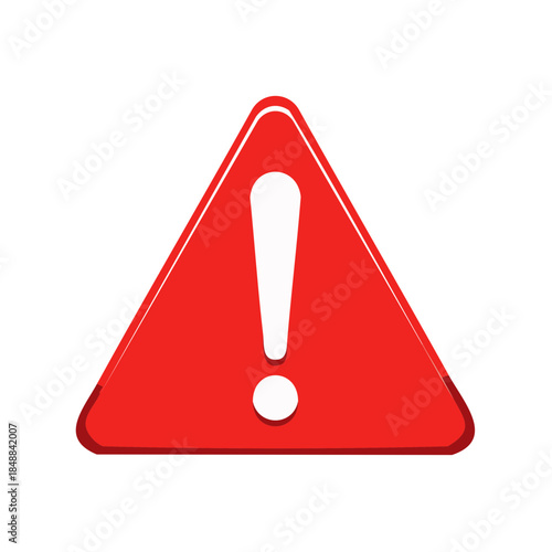 Danger sign warning of hazards featuring a bold exclamation point; Red glossy triangular alert symbol for cautionary messages.