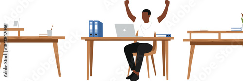 Successful person celebrating at desk with laptop, books, and office supplies in productive workspace for study or remote work