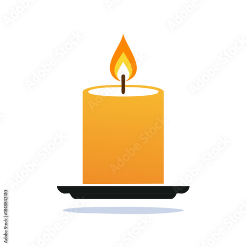 Burning Candle with Bright Flame on Black Plate for Home Decor Meditation and Relaxation