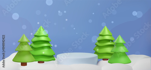 Winter holiday background green pine trees and round podium in snowy landscape. Christmas, New Year display background for presentation, banners, promotions, seasonal advertising, holiday designs.