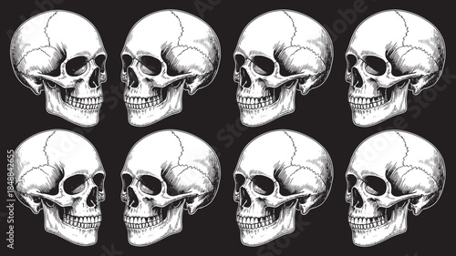 Human Skull Illustration Set – Detailed Anatomical Skull Vector Art in Black and White, Gothic and Horror Style Design