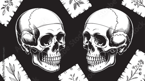 Human Skull Illustration Set – Detailed Anatomical Skull Vector Art in Black and White, Gothic and Horror Style Design