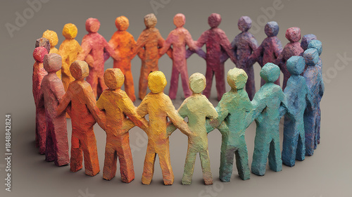A circle of diverse multicolored figures showing collaboration unity and diversity equity