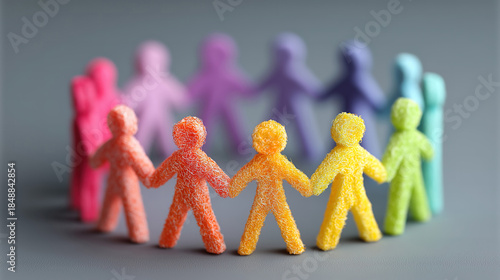 A circle of diverse multicolored figures standing together symbolizing unity collaboration and DEI