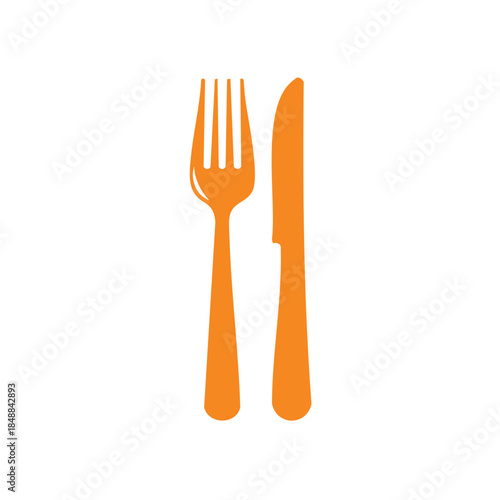 Stylized Orange Cutlery Set: Simple Fork and Knife Illustration for Restaurant, Menu, or Food Blog Design.  Minimalist Graphic