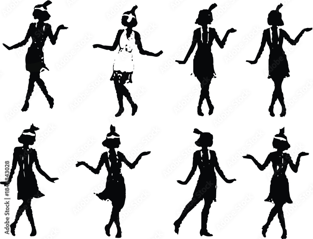 Obraz premium Vintage flapper woman silhouettes in 1920s dance poses with retro accessories, elegant gestures, and art deco fashion for design themes.
