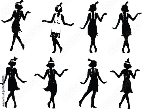 Vintage flapper woman silhouettes in 1920s dance poses with retro accessories, elegant gestures, and art deco fashion for design themes.