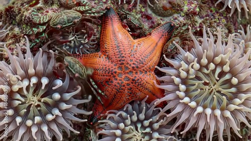 Sea star with anemones underwater in ocean habitat close-up