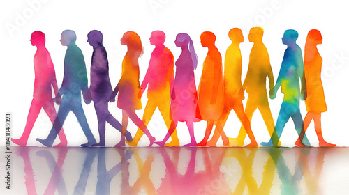 A row of watercolor rainbow colored human figures holding hands for diversity inclusion concept