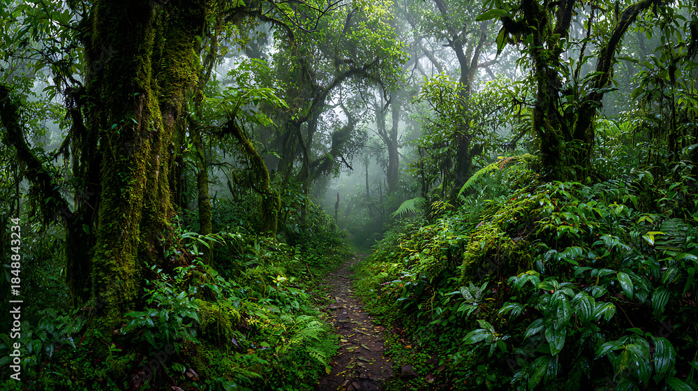 Obraz premium Lush Jungle Path with Overgrown Vegetation forest trail