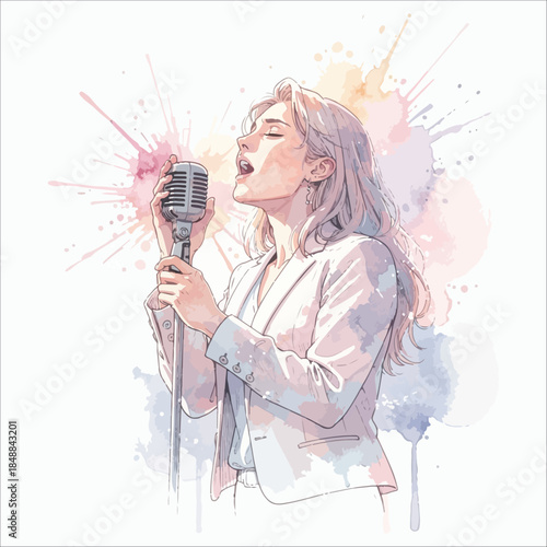Passionate woman singer performing Vector, illustration