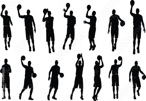 Basketball player silhouette, dynamic poses, dribbling, shooting, passing, sports motion, athletic movement, black figure, action, isolated, vector illustration