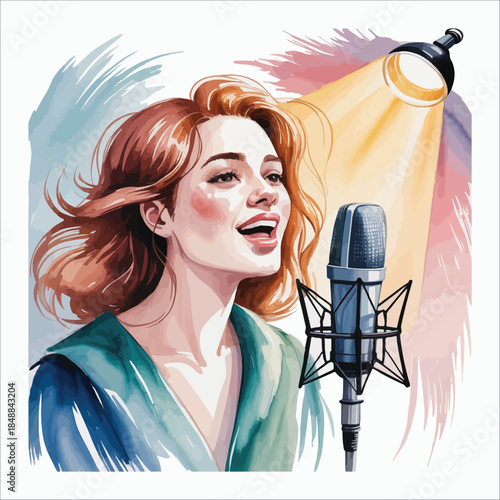 Woman singing into microphone Vector, illustration
