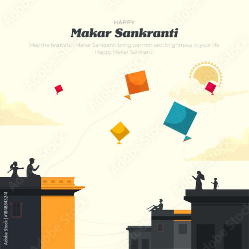Happy Makar Sankranti Kite Flying Celebration on City Rooftops, vector illustration.