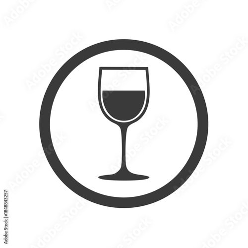 Wine glass symbol inside a circle icon simple isolated on white, restaurant or bar designation. Black silhouette of glass and circle