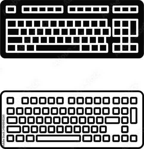 Modern computer keyboard icon set in solid and outline styles for technology designs