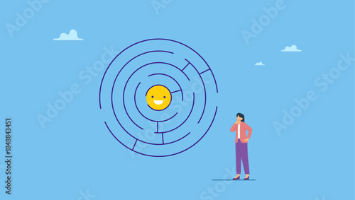Frustrated woman find the way to happy smile in the middle of labyrinth puzzle. Finding happiness, positive thinking or emotion intelligence, solution to searching for happiness and optimism.