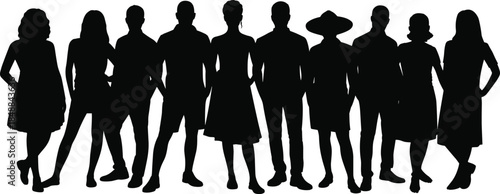 Diverse group of people silhouettes standing together isolated on white background