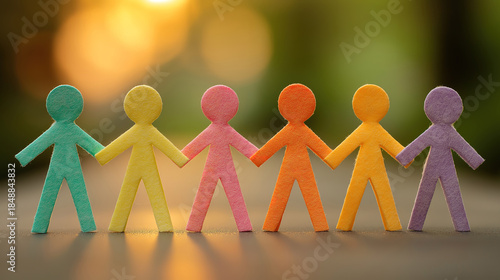 Rainbow colored paper human figures holding hands on nature background for diversity inclusion