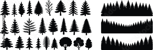 Forest tree silhouette collection with pine fir spruce and deciduous shapes, seamless woodland landscape borders, black nature vector illustration